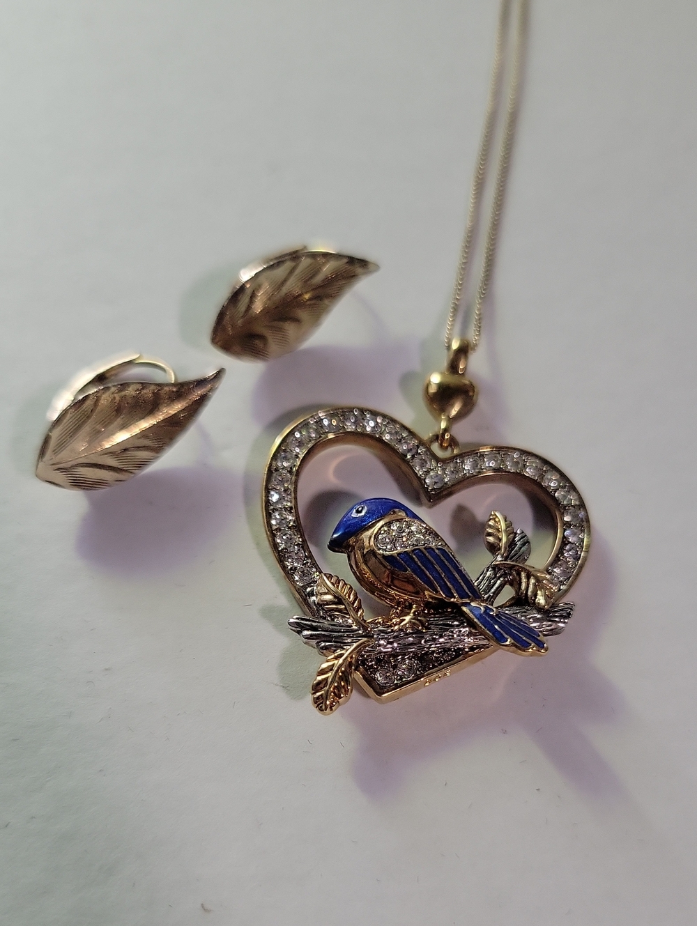 Gold-Tone Blue Enamel Bird Heart Pendant Necklace